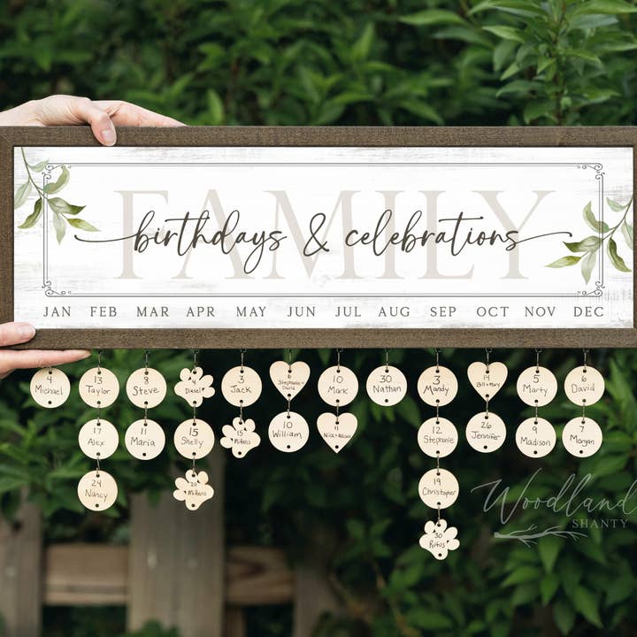 Framed Family Birthdays and Celebrations Calendar Sign Gift for wholesale by Woodland Shanty