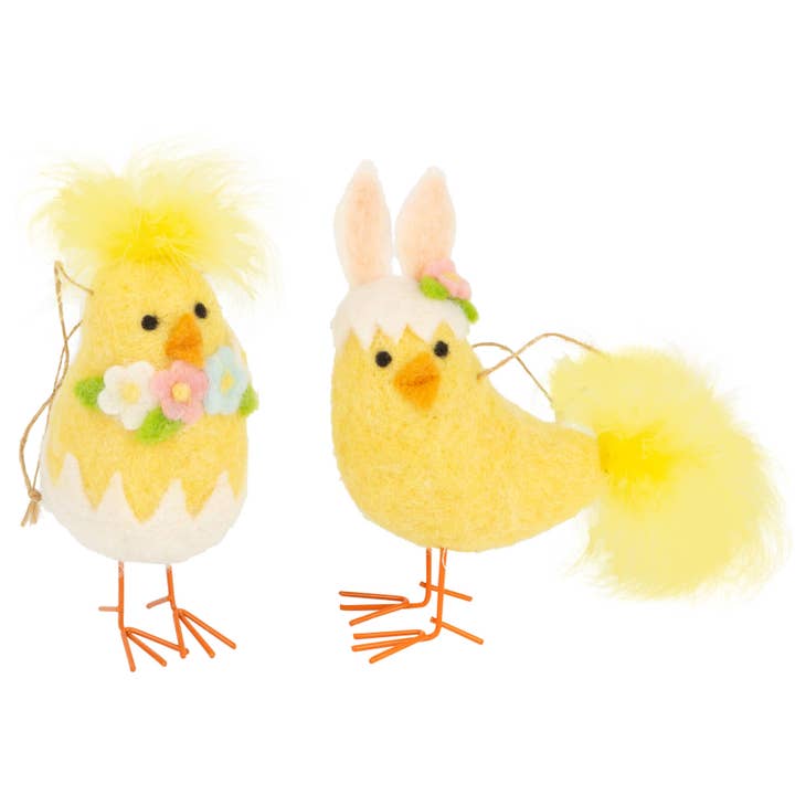 Silver Tree Home & Holiday - Wholesale Decorative Tabletop Object - A13512: 2 Asst felt chick tblpcs/orn,fluf hair&flrl trim,6in