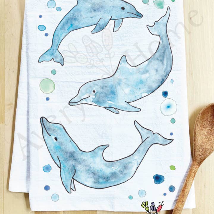 Dolphins Beach Coastal Customizable Tea Towel for wholesale by Avery's Home