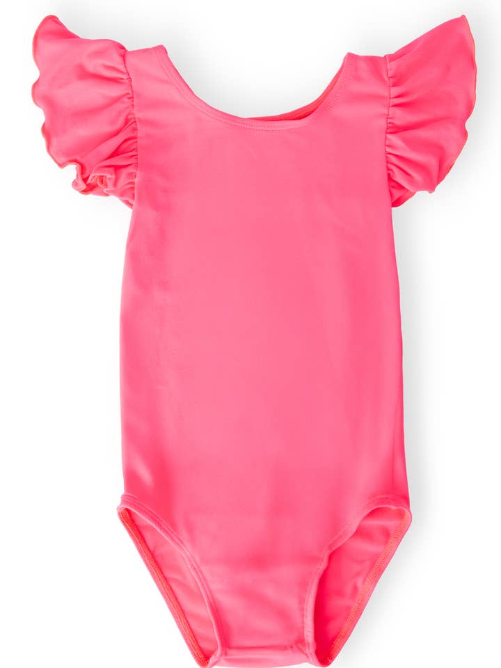 Neon Pink S/S Flutter Sleeve Leotard for wholesale by Mila & Rose