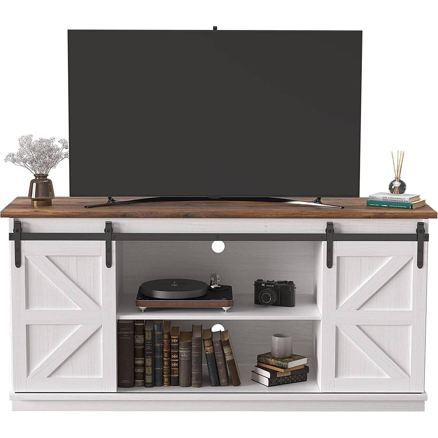 Bright White 65 Inch Farmhouse TV Stand With Sliding Barn Doors for wholesale on Faire1