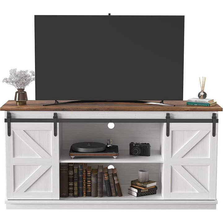 Bright White 65 Inch Farmhouse TV Stand With Sliding Barn Doors for wholesale on Faire1