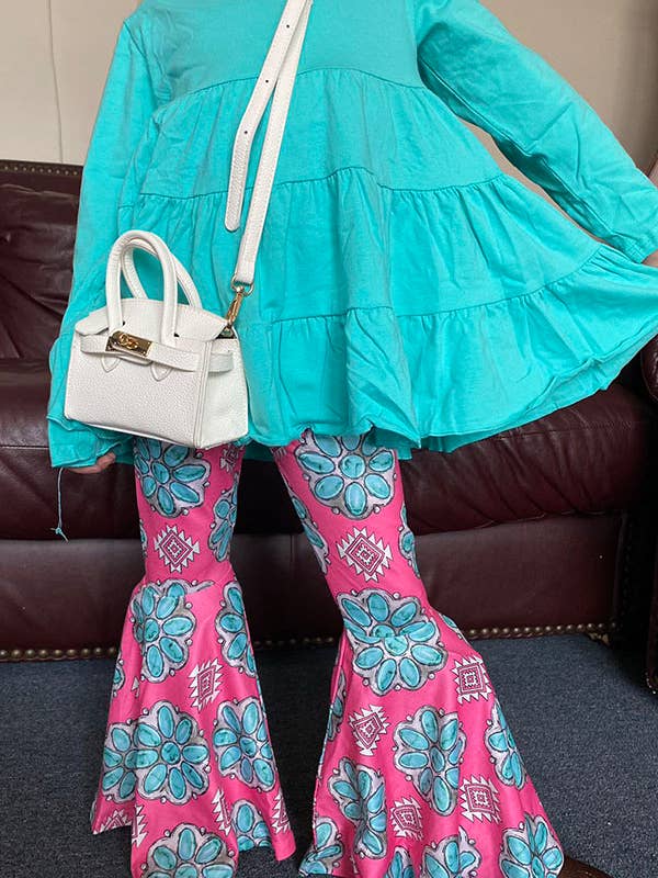 XCH0024-2H turquoise top pink jewel prints girls clothes set for wholesale by luluclothes