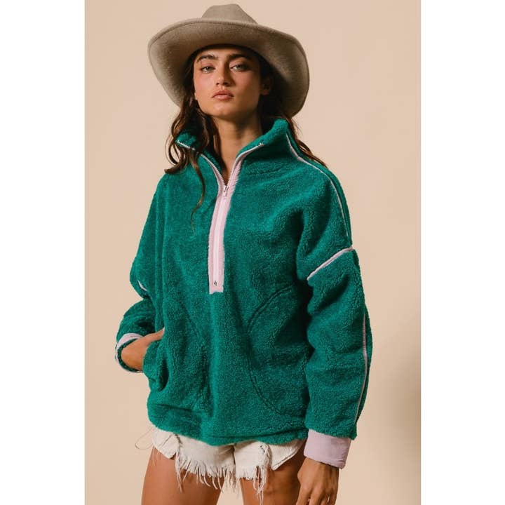 IVE - Wholesale Jacket – Women's - Contrast Edge Half Zip Up Sherpa Jacket4