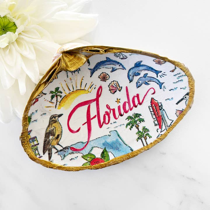 Adori Designs - Wholesale Jewelry Dish - Florida State Decoupage Clam Shell Trinket Dish