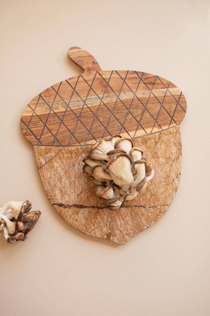 Brown ACACIA WOOD AND MARBLE ACORN SERVING BOARD for wholesale on Faire0