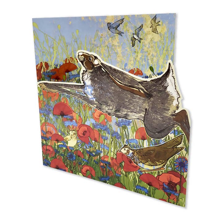 Die-Cut Poppy Meadow Hare Greetings Card for wholesale by Emma Ball Ltd