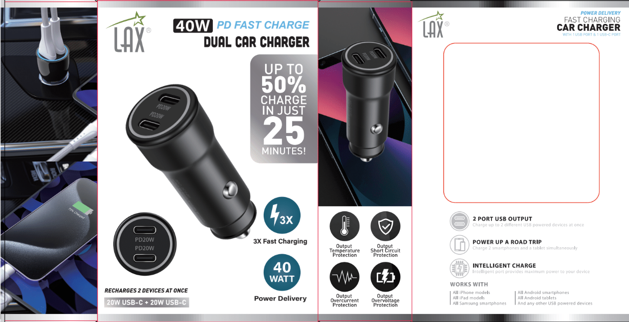 LAX Gadgets - Wholesale Portable Charger - Dual 2x USB-PD 20W Ports Rapid Car Charger Black Retail Pack2