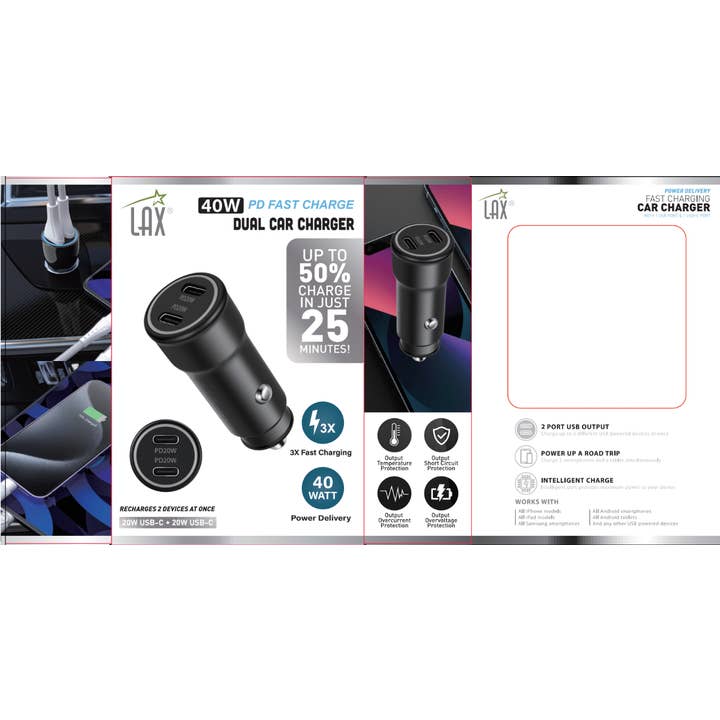 LAX Gadgets - Wholesale Portable Charger - Dual 2x USB-PD 20W Ports Rapid Car Charger Black Retail Pack2