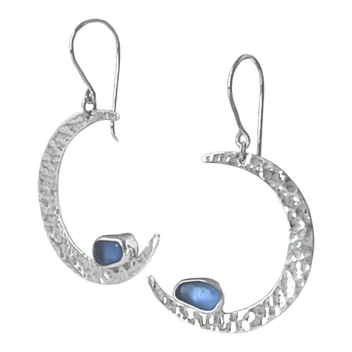 Sea Glass Moon Phase Crescent Earrings, Blue for wholesale by Oceano Sea Glass