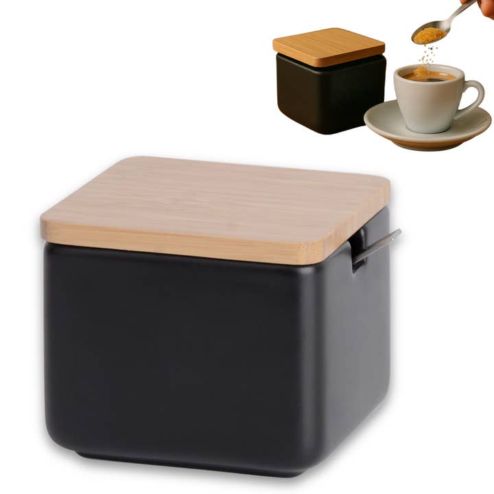 Azucarero cuadrado de cerámica con tapa bambú - Negro mate para venta al por mayor de Kook Shop