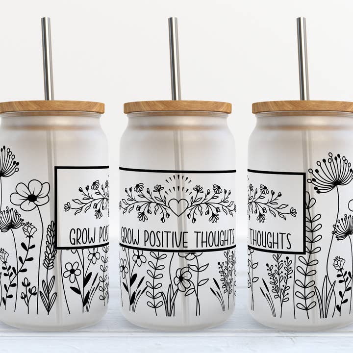 Gobelet en verre Grow Positive Thoughts pour la vente par The Potted Oasis
