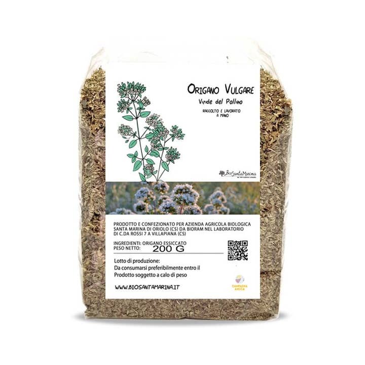 200 grammi di fiore di origano Vulgare del Pollino imbustato per la vendita all'ingrosso da parte di Azienda Agricola Santa Marina