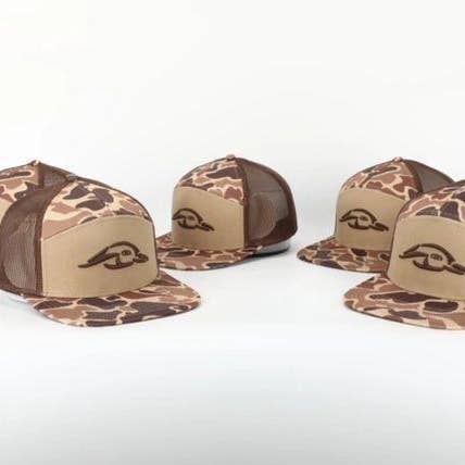American Flyway Waterfowl - Wholesale Flat Brim Cap - Unisex - 7 Panel Brown Old School AFW Style w- 3 D Puff and Brown Mesh2