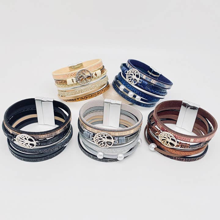 Mio Queena - Wholesale Bangle Bracelet - Tree of Life Multi-Layer Leather Bracelet | Magnetic Buckle