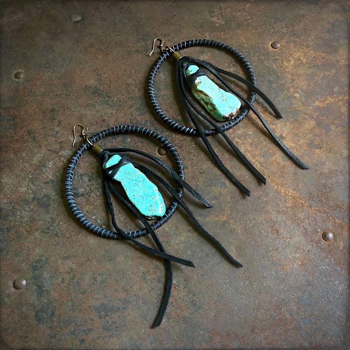 Leather Hoops - Turquoise & Black, Leather & Stone Earrings for wholesale by ASTALI