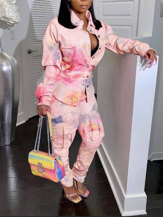 Floral Tie-Dye Outfit Cargo Two-Piece Set for wholesale by Queen Fashion