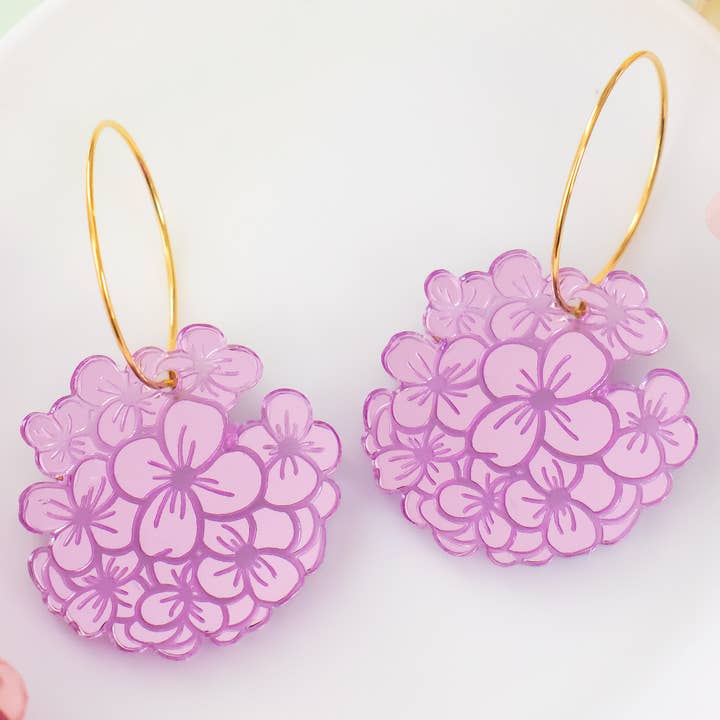 Hydrangea Earrings, Purple Flower Hoops for wholesale by Momenti di Vita