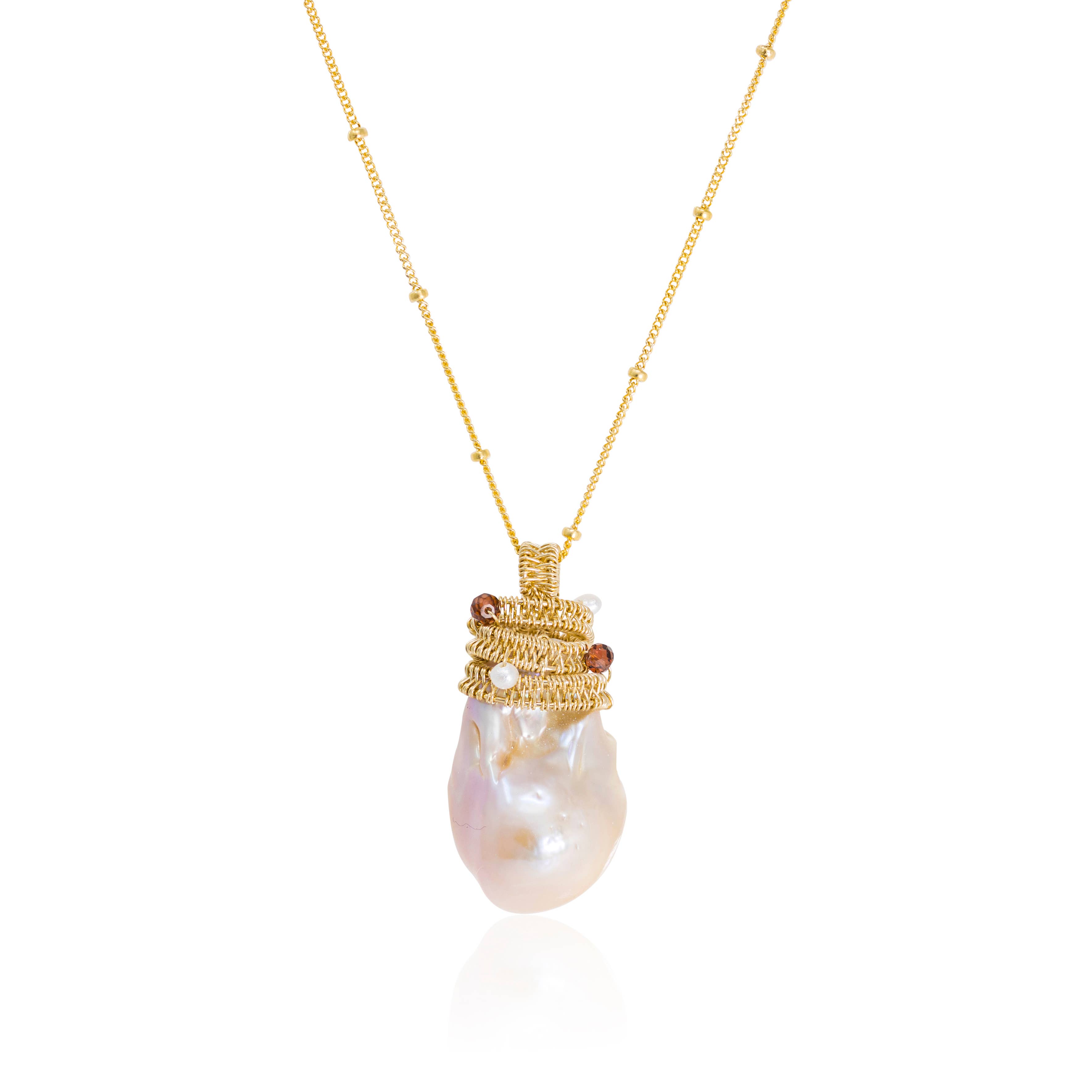Baroque Pearl Necklace w/ Gold Wire Design & Garnet Accents
