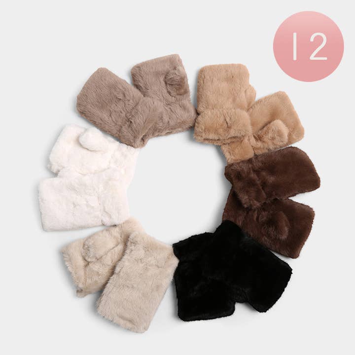 12Pairs - Plain Faux Fur Fingerless Winter Gloves for wholesale by Sensibling Corp.