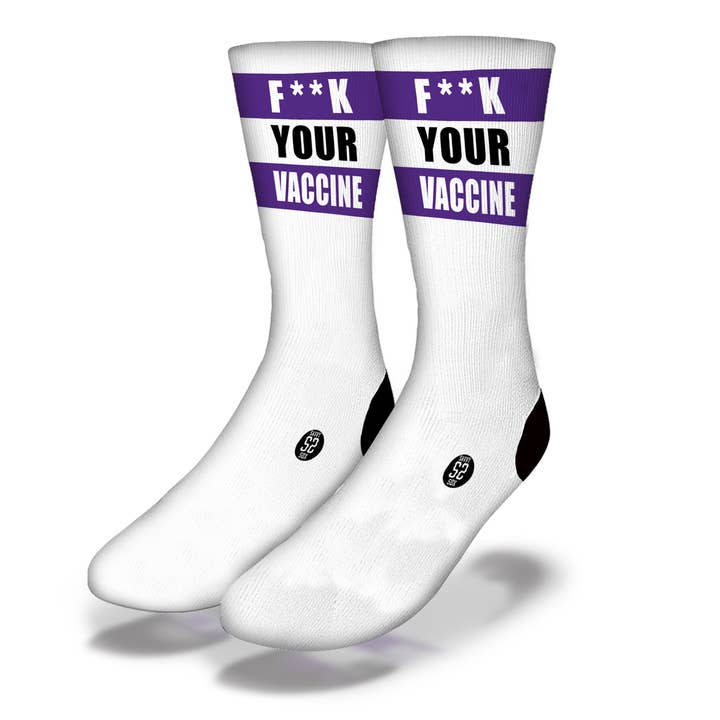 Chaussettes fantaisie F**K YOUR VACCINE Funny Coronavirus (Violet) pour la vente par Savvy Sox