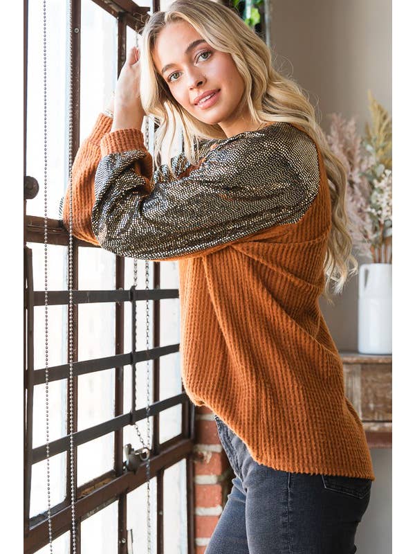 HEIMISH – wholesale Sweatshirt – Women's – ET6837-10 SOLID WAFFLE AND SEQUINS TOP14