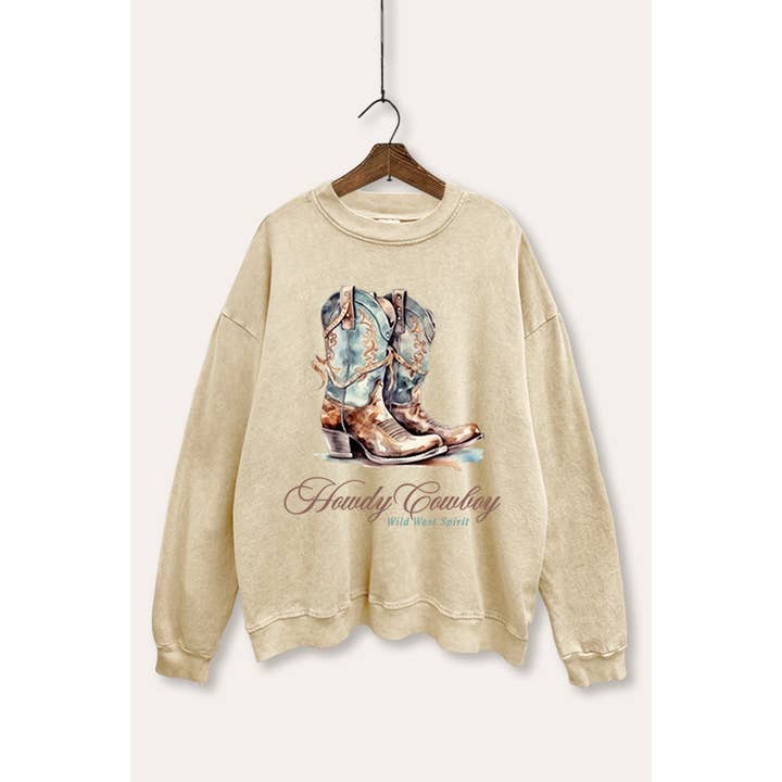 "HOWDY COWBOY" WESTERNSTØVLER GRAFISK MINERALVASKET SWEATSHIRT for engroshandel hos VINTAGE POINT USA