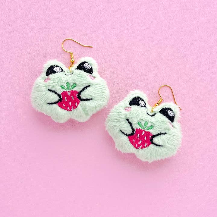 Kawaii Strawberry Frog Plushie Earrings for wholesale by Kawaii Hair Candy