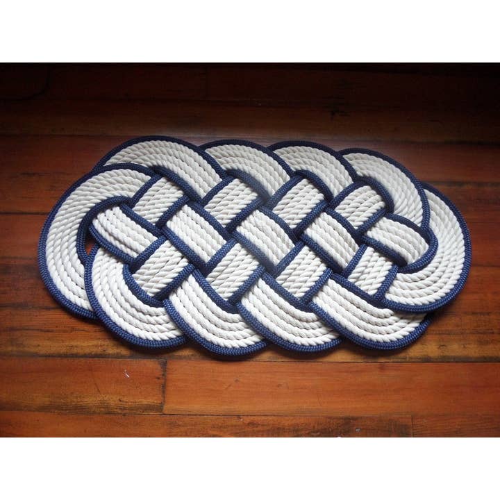 Off White Cotton Rope Rug Navy Accent 32 x 14 for wholesale by Alaska Rug Company