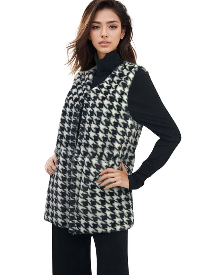 Houndstooth Print Faux Pelsvest 9503 for engroshandel hos The Magic Scarf Company