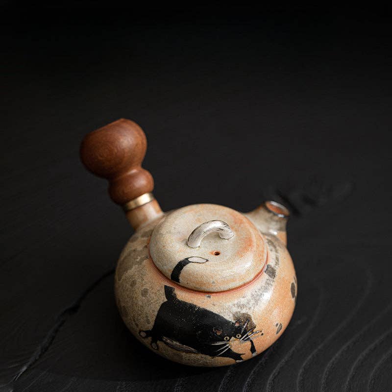 Gohobi （We cover U.S. import duties） - Wholesale Tea Pot - Gohobi Handmade Black Ink Hand-painted Cat Side Handle Teapot 0031