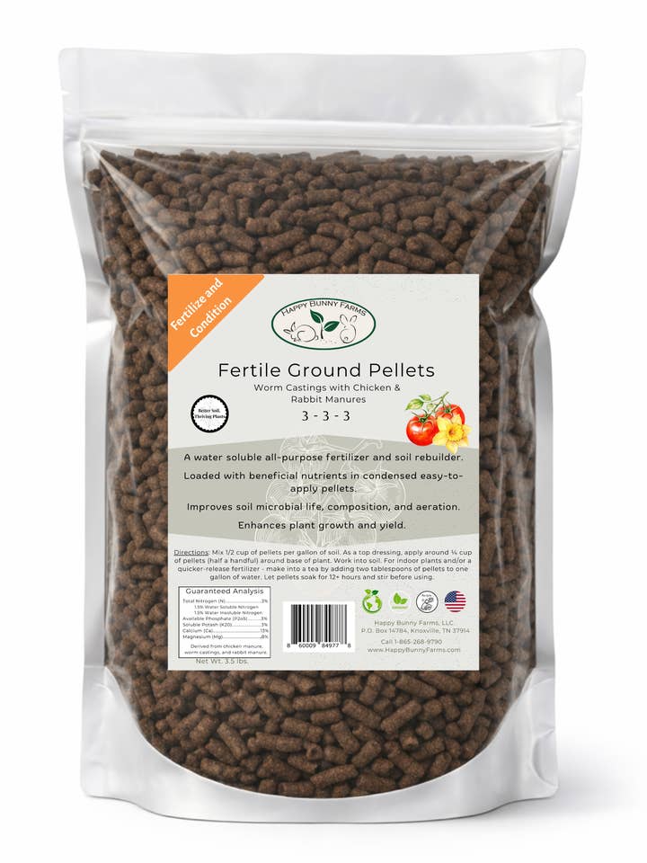 Granulés pour sols fertiles, engrais et reconstructeurs de sols pour la vente par Happy Bunny Farms