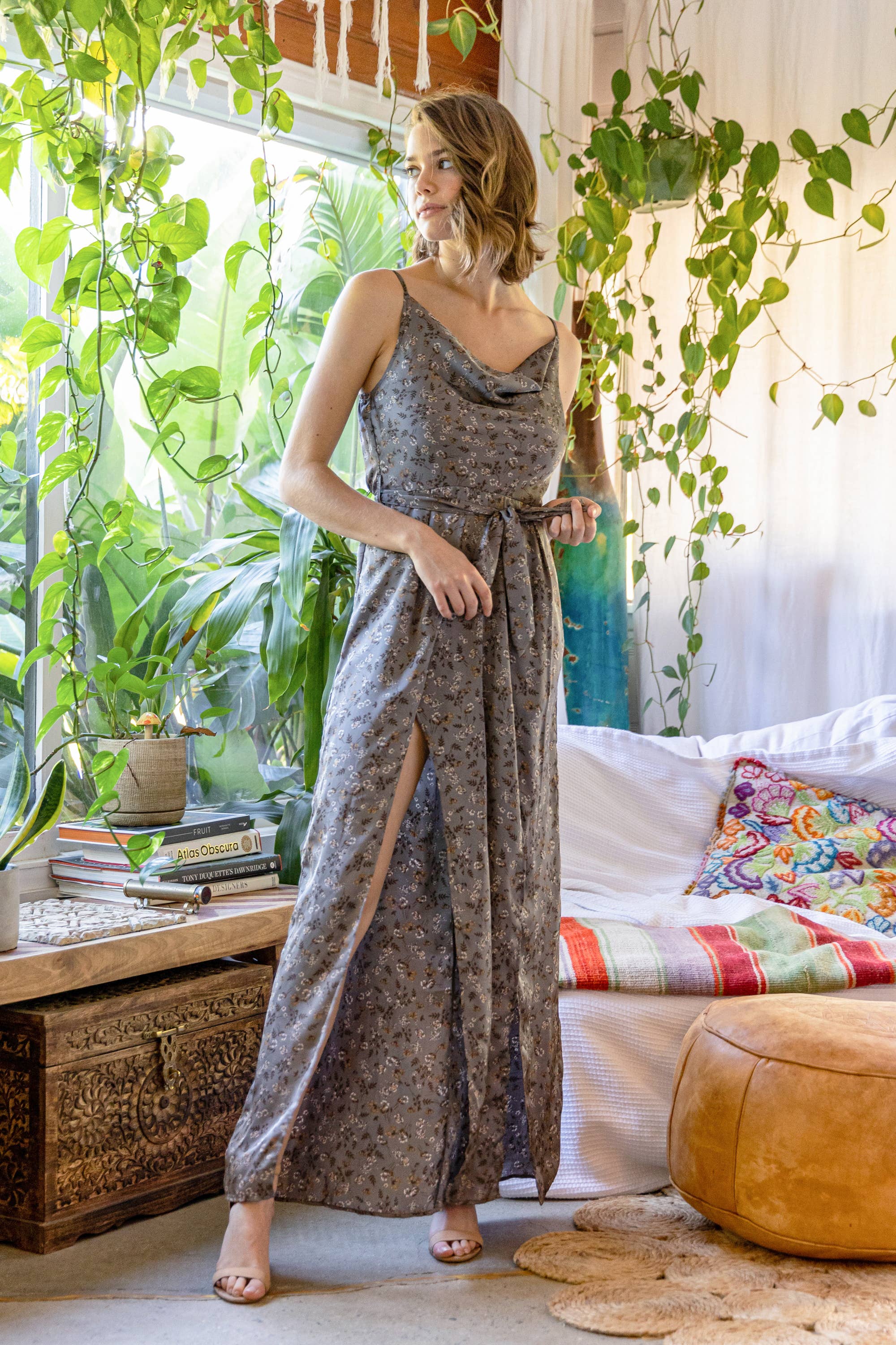 Blue B - Wholesale Jumpsuit - Women's - 31632R - Satin Ditsy Floral Cowl Neck Cami Slit Jumpsuit1