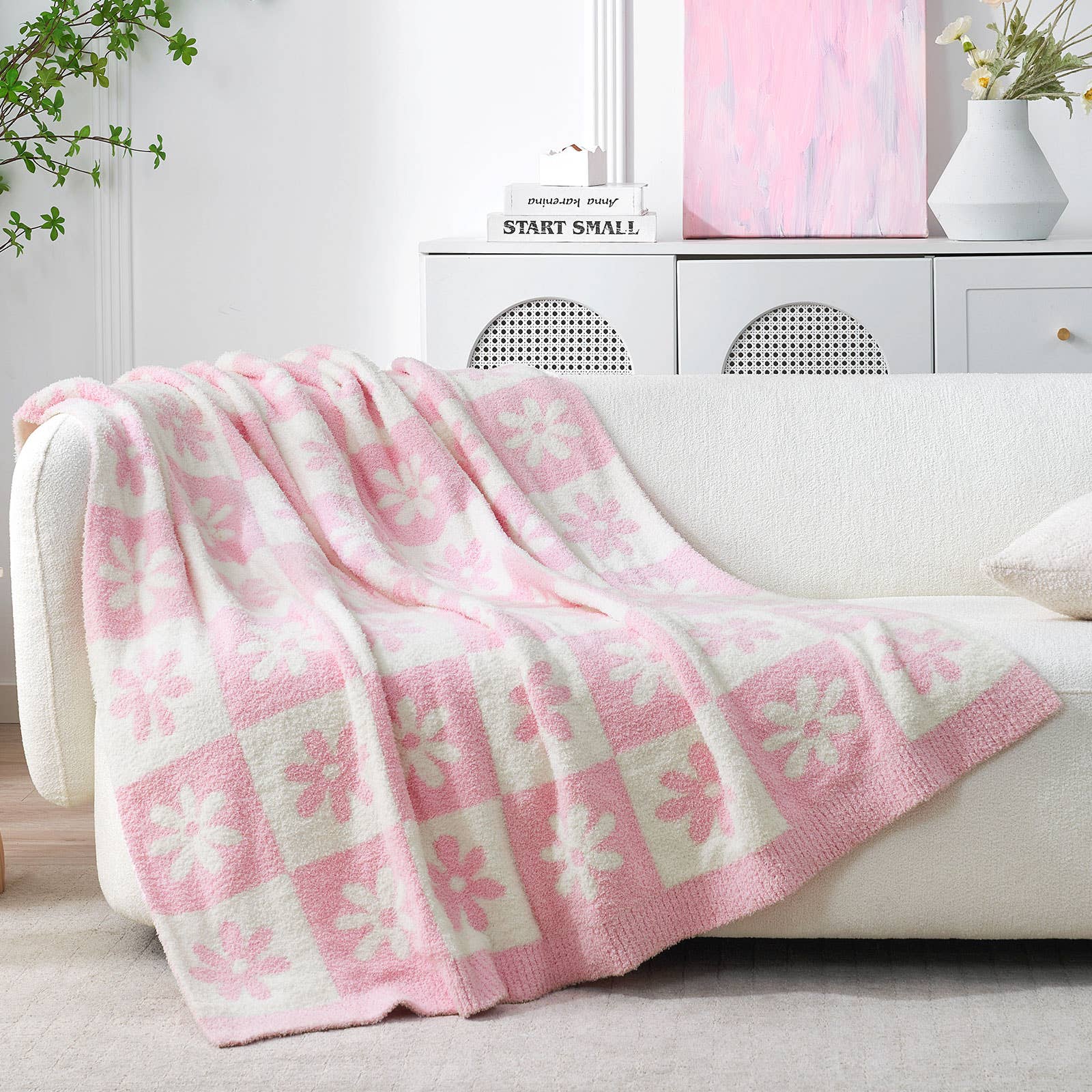 DreamValley - Wholesale Throw Blanket - SS Checkered Floral Throw Blanket Reversible Knitted Throw8