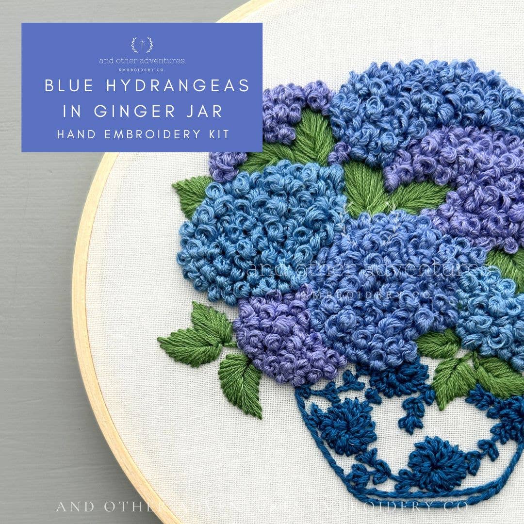 And Other Adventures Embroidery Co - Wholesale DIY Craft Kit - Hand Embroidery Kit - Blue Hydrangeas in Ginger Jar1