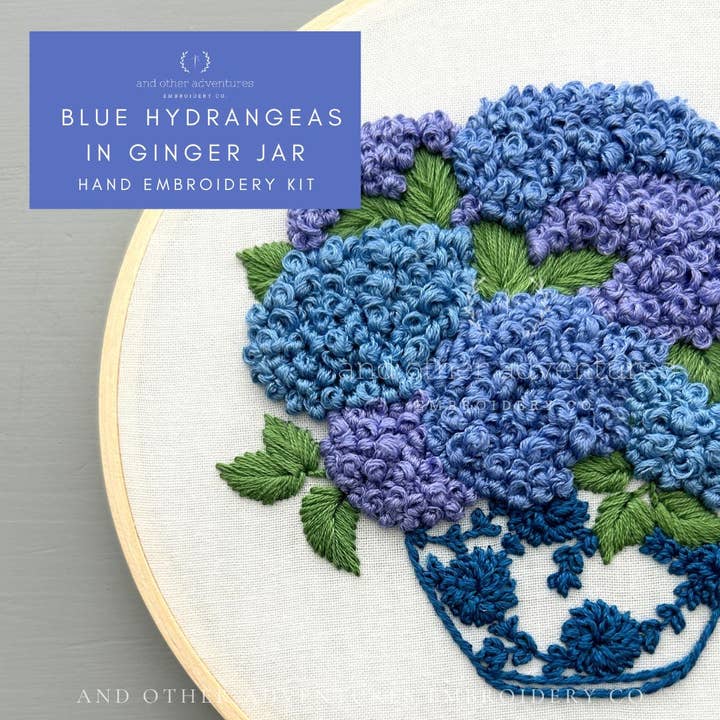 And Other Adventures Embroidery Co - Wholesale DIY Craft Kit - Hand Embroidery Kit - Blue Hydrangeas in Ginger Jar1