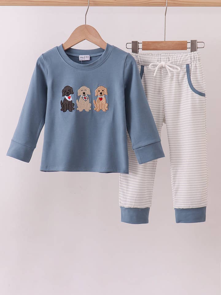 Blue puppy embroidery pants set for wholesale by Mom & Co.