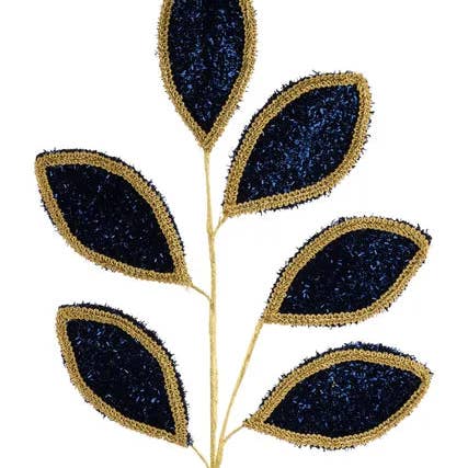 General Wholesale Inc - Wholesale Artificial Flowers - 28"L Vglitter/Lace Leaf Spray x 6 Leaves-Navy Blue/Gold-XS249967