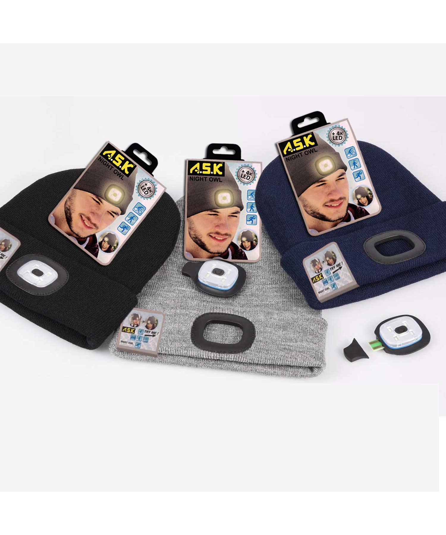 K & S WHOLESALE INC – Gorro - Unissexo por atacado – Gorro A.S.K com luz LED 96 CT Display de chão3