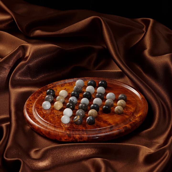 Yemma Goods - Wholesale Board Game - Handcrafted Thuya Wood Solitaire Game With Marble Balls