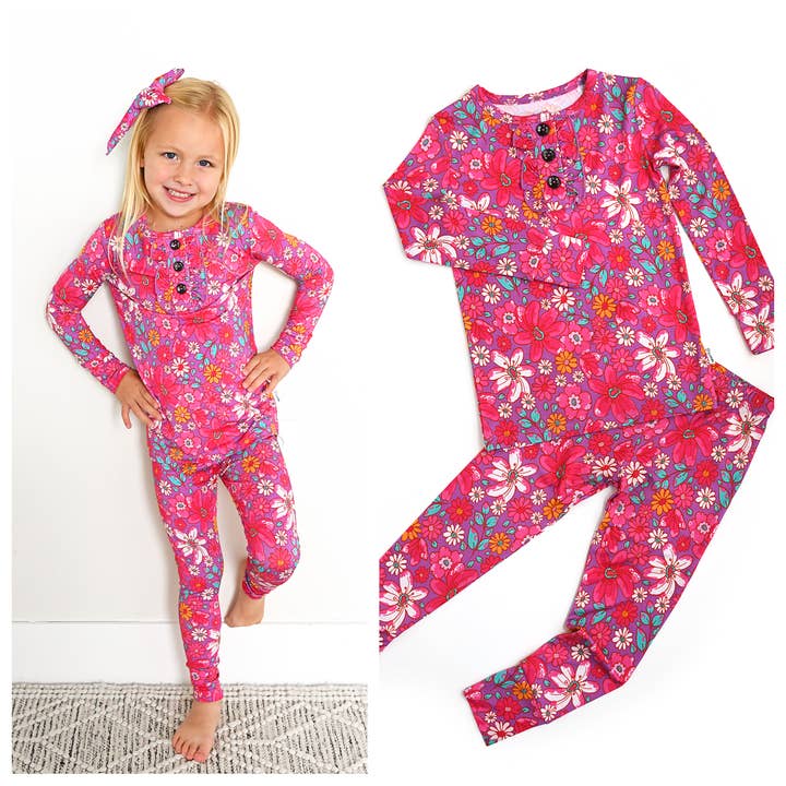 Posie RUFFLE TWO PIECE Girls Bamboo Floral Lounge Set for wholesale by Gigi and Max