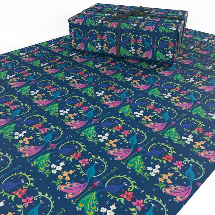Re-wrapped - Wholesale Flat Wrap - Purple Peacocks Wrapping Paper • ECO Friendly • UK Made