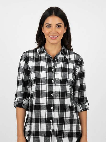 Ladies Long Sleeve Roll Tab Brushed Flannel Shirt. Black/ White plaid. Style# 9347 for wholesale by Stylish Shirley & ESJAYMENSWEAR