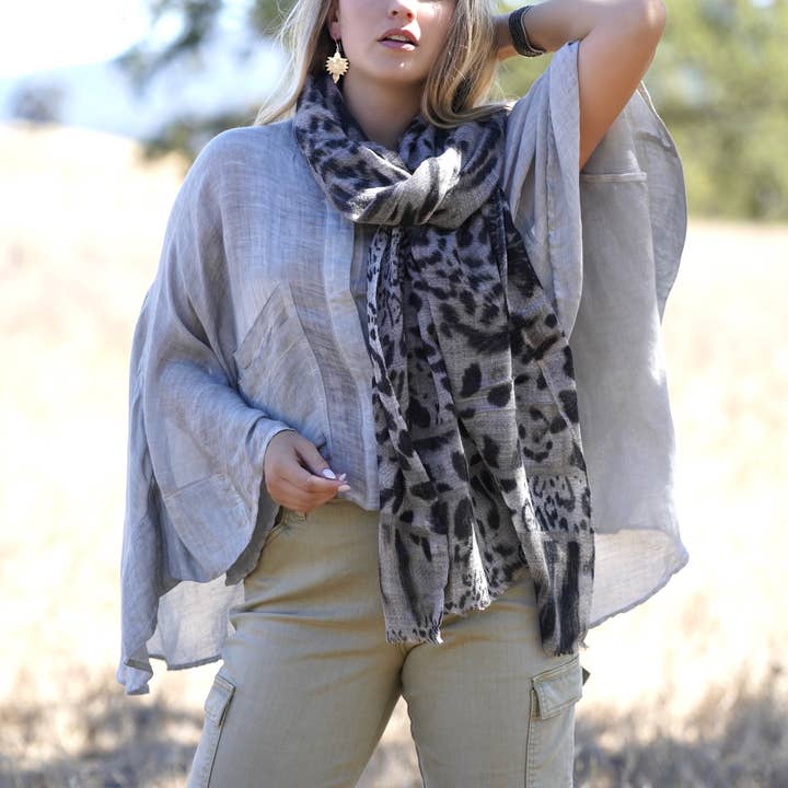 Himalayan Leopard Print Wool Scarf/Wrap Grey for wholesale on Faire