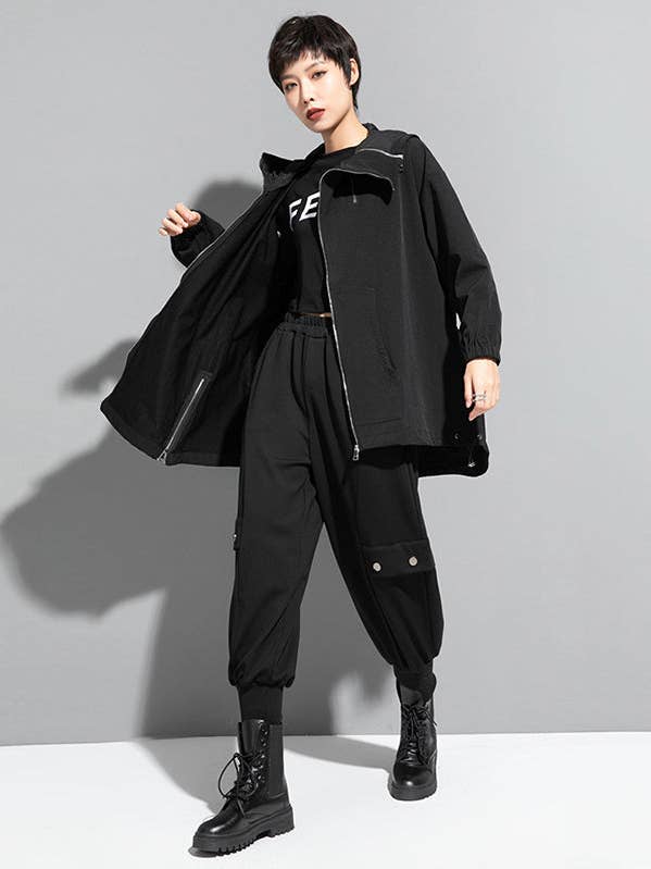 BLACK Fashion Irregularity Loose Solid Color Zipper Hooded Outerwear for wholesale on Faire12