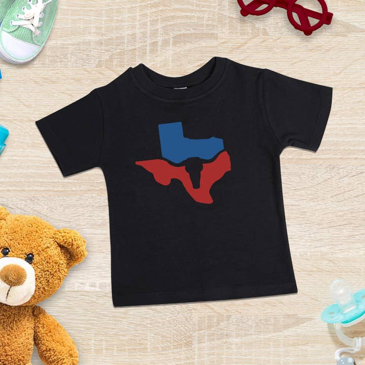 Texas Longhorn State Map - Black T-Shirt for wholesale by ImprintKidsClothing