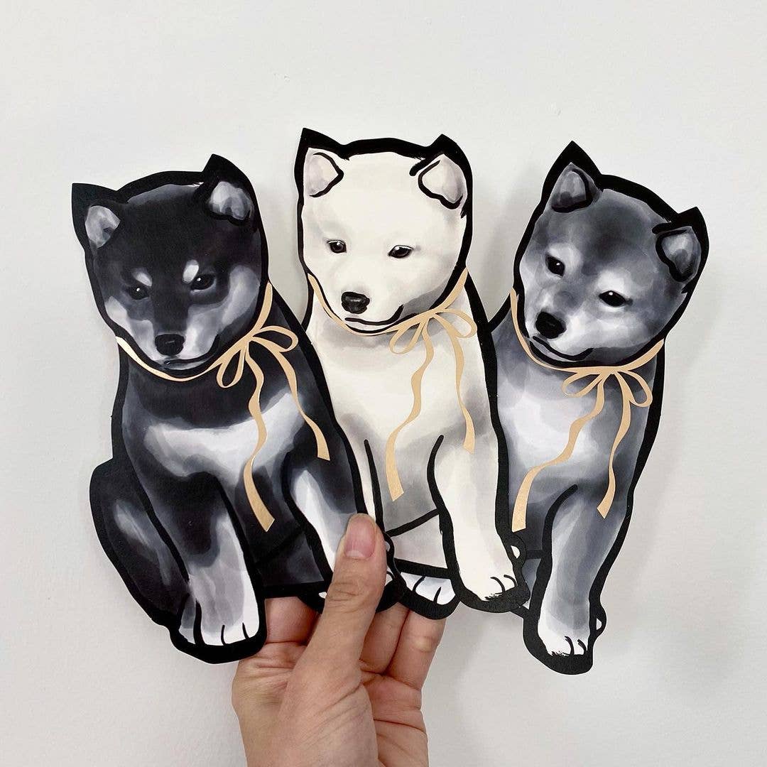 RICE&INK – wholesale Vardagliga hälsningskort – Guld foiled band die-cut Shiba Inu kort, Sumi bläck Zen3