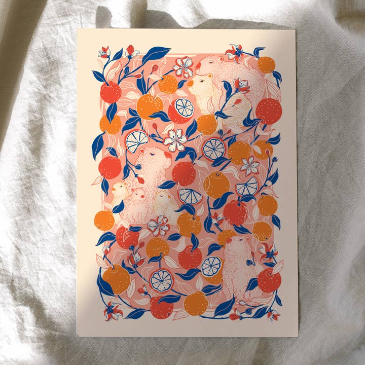 Yuzu-Sweet Days with the Capybaras Art Print Postcard for wholesale by sol&mar art co.