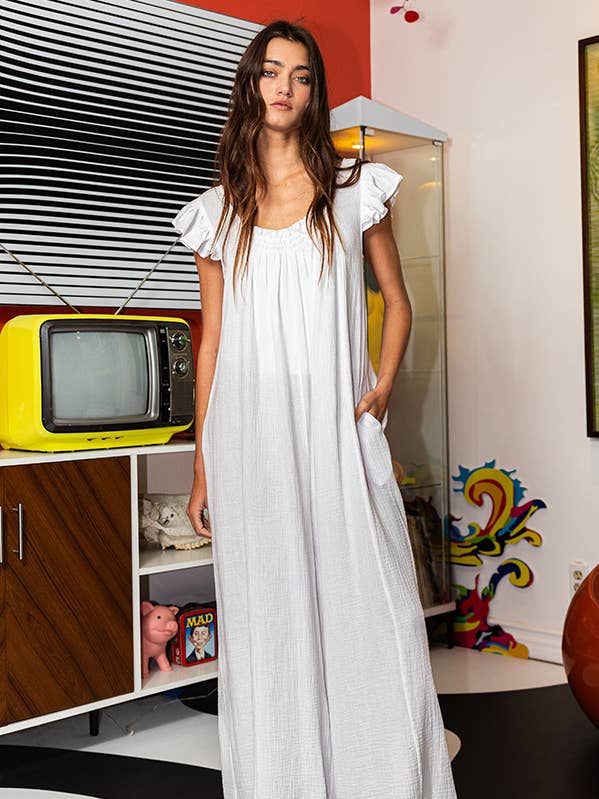 R5281 Ruffled Sleeve Wide Leg Solid Gauze Jumpsuit for wholesale by BUCKETLIST INC