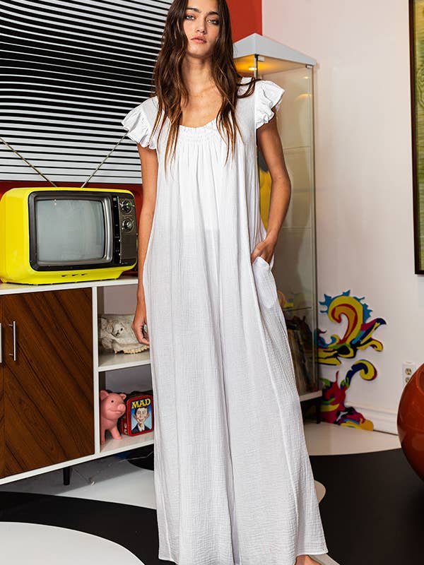 BUCKETLIST - Wholesale Jumpsuit - Women's - R5281 Ruffled Sleeve Wide Leg Solid Gauze Jumpsuit
